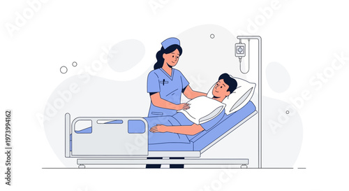 Nurse caring for patient in hospital bed with IV drip, healthcare illustration