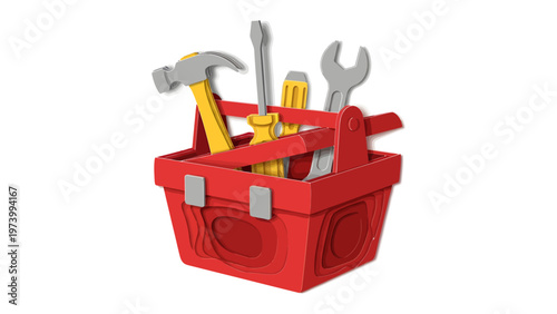 Toolbox Essentials: A close-up shot of a bright red toolbox filled with a variety of essential tools, symbolizing the fundamental resources for construction or repair work.