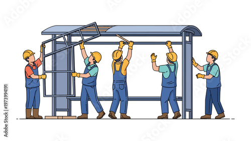Building a New Shelter: A group of construction workers diligently construct a bus shelter. Their teamwork and focus embody the progress and industry