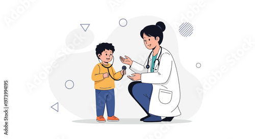 Doctor and child playing with stethoscope, illustration, healthcare concept
