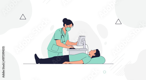 Nurse performing ultrasound on patient lying down, medical examination, healthcare concept