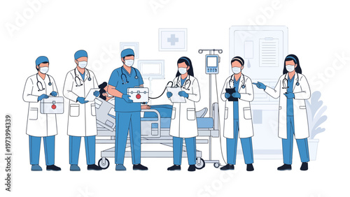 Medical Team at Hospital: A dedicated medical team attends to a patient within a hospital setting, offering care and support in a professional and sterile environment.