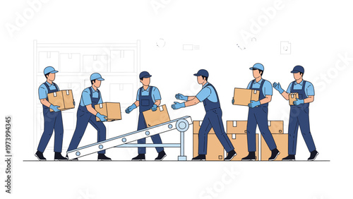 Warehouse Workers: A team of diligent workers collaborates seamlessly to move packages on a factory conveyor belt, demonstrating the efficiency and coordination of modern logistics.