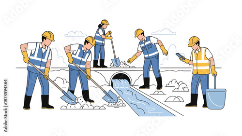 Workers Cleaning Drainage: A dedicated team of workers focuses on cleaning and maintaining a drainage system, ensuring smooth water flow and environmental responsibility. 