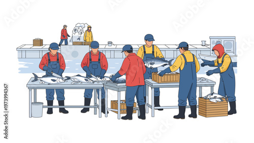 Fish Processing: A team of skilled workers meticulously processes freshly caught fish in a bustling processing facility, ensuring quality and efficiency. 