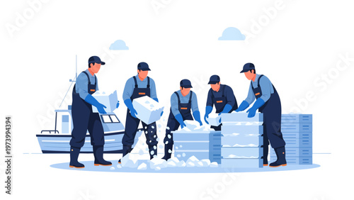 Fishermen at Work: A team of dedicated fishermen is captured in the midst of their work. The image showcases the hard work of the team on a ship at sea with detailed elements.
