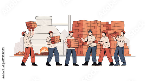 Construction Crew at Work: A group of construction workers diligently collaborate, constructing a brick structure with precision and teamwork.