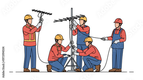 Teamwork and Precision: Engineers Collaborate to Erect a Communication Tower: A team of skilled engineers meticulously works together.