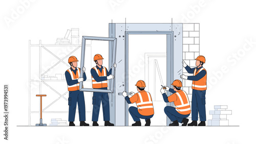 Construction Crew At Work: A skilled construction crew meticulously works on constructing a building element, embodying teamwork and dedication in the pursuit of building