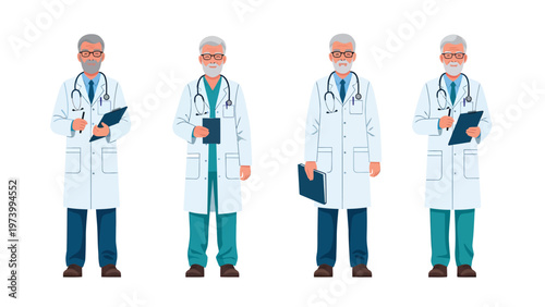 Senior Male Doctors Illustration Set: Healthcare Professionals in Lab Coats with Clipboards