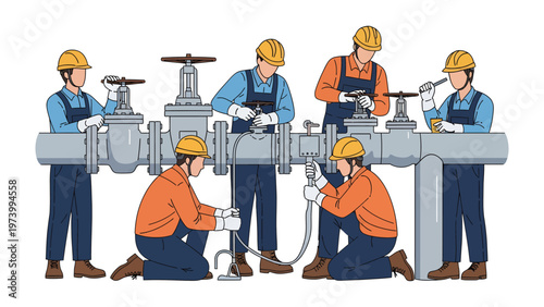 Plumbing Professionals at Work: A team of skilled plumbers diligently inspects and works on a complex network of pipes and valves.