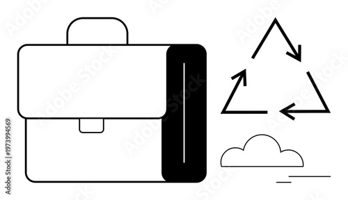 Corporate responsibility, eco-friendly business, sustainability, environmental awareness, recycling initiatives, green practices. Minimalist briefcase beside recycling symbol and cloud. Corporate