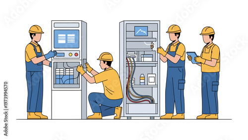 Technical Team: Skilled technicians in a well-lit industrial environment focused on critical infrastructure, demonstrating precision and expertise in their work.