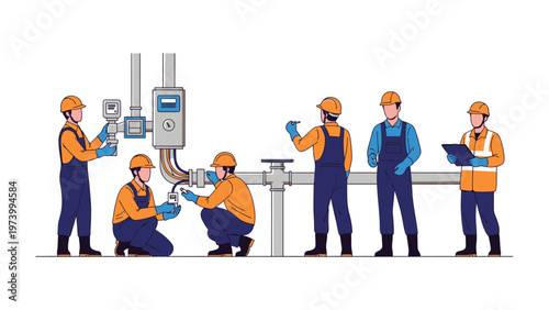 Pipeline Maintenance Team: A skilled team meticulously inspects and maintains an intricate network of pipelines and valves, highlighting expertise and precision.