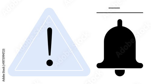 Alerts, notifications, warnings, caution, reminders, urgent messages. Exclamation mark inside a triangle and a black bell icon. Alerts and notifications concept