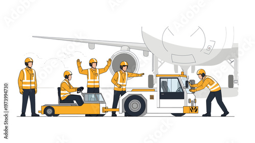 Aircraft Ground Crew in Action: A team of dedicated ground crew members meticulously guide and prepare an aircraft for flight, ensuring every detail is attended to with precision and care.