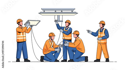 Construction Crew Assembling: A collaborative team of construction workers meticulously assembles intricate equipment, working in unison.