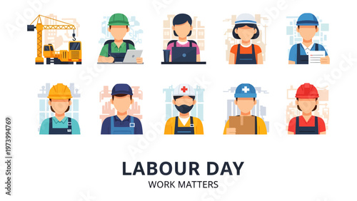Labor Day Celebratory Collage: A vibrant depiction of Labor Day, featuring a diverse array of essential workers representing various industries, all united in a celebration of labor's contributions.