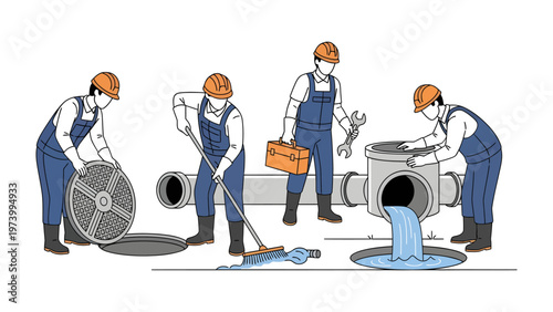 Plumbers at Work: A team of skilled plumbers diligently work to repair and maintain infrastructure, using various tools and expertise to ensure smooth operations. 