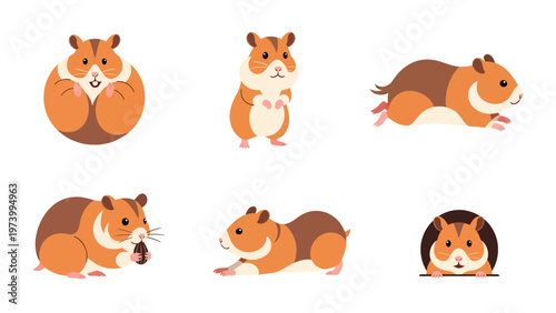 Cute Cartoon Hamsters: Set of Adorable Rodents in Various Poses and Activities, Isolated on White Background