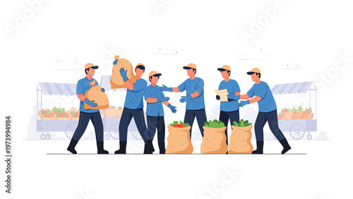 Marketplace Crew: A group of diligent workers loads and unloads burlap sacks filled with fresh produce at a bustling marketplace. Capturing the essence of teamwork and agricultural commerce.