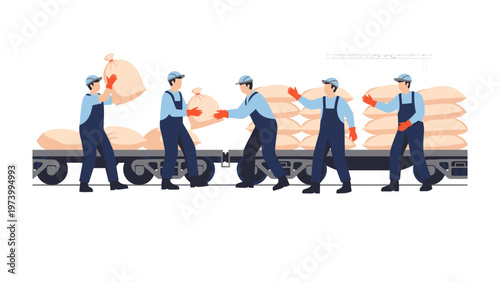 Loading cargo: Skilled workers work as a team, efficiently loading sacks of goods onto a freight car, epitomizing the dedication and hard work involved in the industry.
