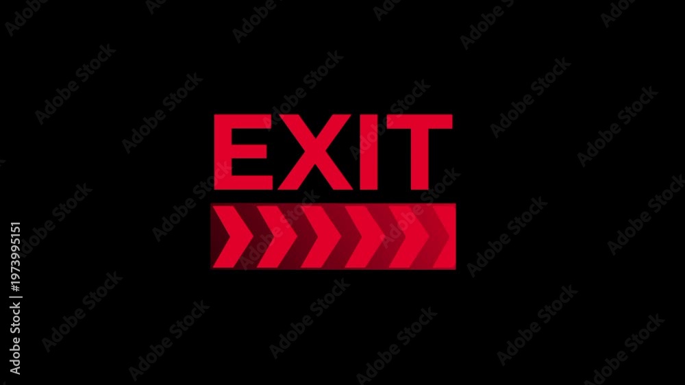 a bold red exit sign with directional arrows pointing to the right ...