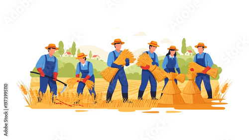 Harvest Season's Embrace: Farmers work collaboratively to gather crops under open sky