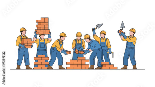 Team of Builders in Action: A team of skilled builders diligently construct a wall with red bricks, showcasing teamwork, precision, and the art of construction.