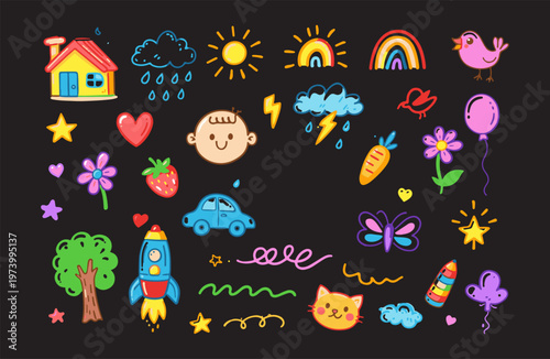 Kid Cute Baby Childish Element Set – Preschool Cartoon Doodle Sketch Rainbow, Sun, Cloud, Happy Icons