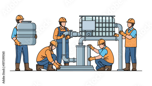 Engineers hard at work: A group of skilled engineers meticulously works with industrial equipment, demonstrating their expertise and teamwork.