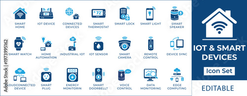 IoT and smart devices icon set featuring home automation, smart thermostat, security camera, voice assistant, connected sensors, and remote monitoring systems for future living