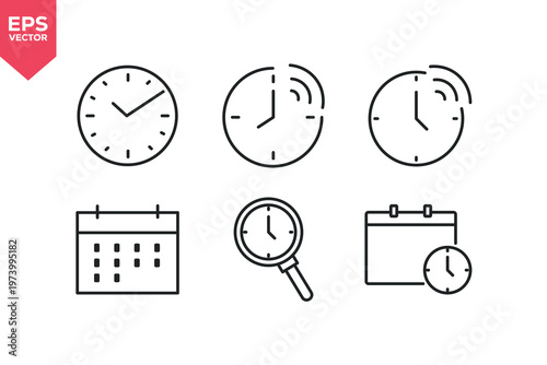 Set of line icons related to time, clock, calendar, date and time.  Editable stroke. Vector illustration