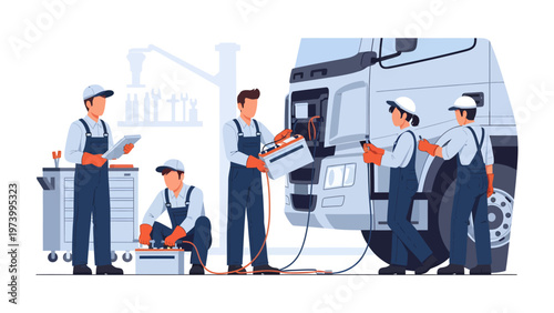 Maintenance Crew: A skilled crew meticulously works on a commercial vehicle. Each member plays a role in keeping the machinery running smoothly.