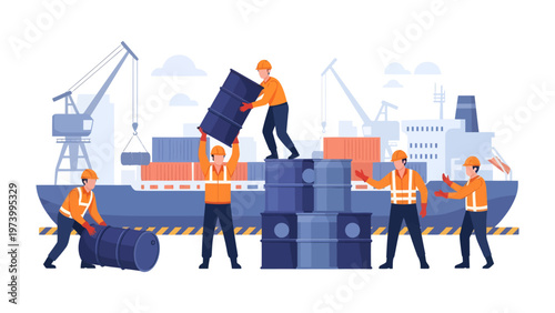 Global Shipping and Logistics: Illustrates seamless coordination within the shipping and logistics industry. A team of dedicated workers efficiently load and manage cargo.