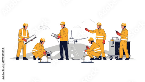 Airport Technicians at Work: Skilled airport technicians meticulously performing maintenance and repair tasks on the tarmac, ensuring the safe operation of aircraft and the airport. 