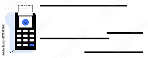 E-commerce, mobile payment, cashless transactions, online shopping, financial technology, billing systems. A payment terminal with a printed receipt and a checkmark. E-commerce and mobile payment