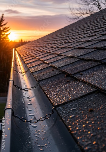 Gutter and Roof at Sunset - Home Maintenance and Weather Protection.