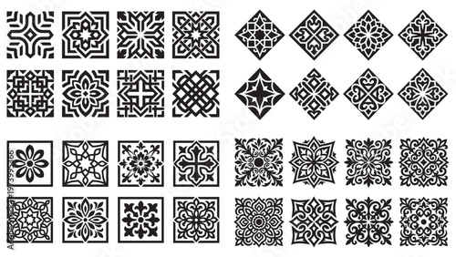 Black and white ornamental square and diamond shapes with intricate designs.