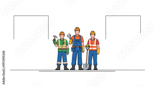 Construction Crew: A team of construction workers stand confidently, each armed with essential tools of the trade.