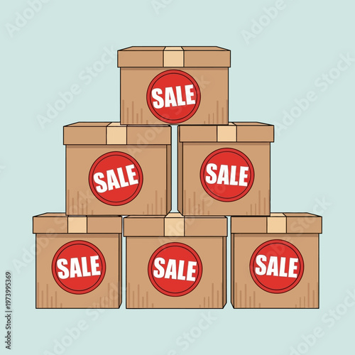 A neat pyramid stack of brown cardboard boxes, each displaying a prominent red 'SALE' sticker, representing retail promotions, discount shopping, and special offers