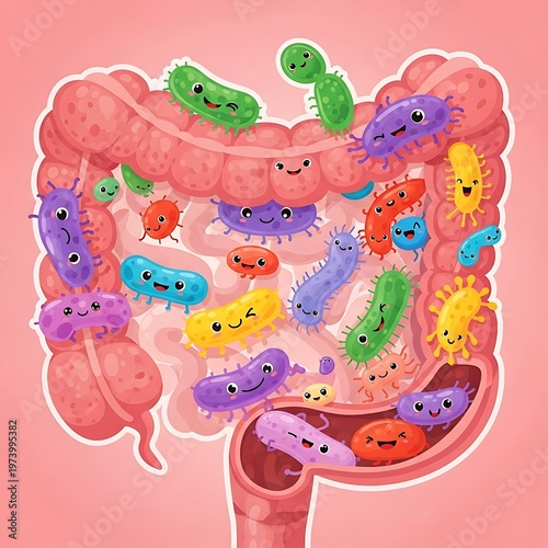 Gut Microbiome Illustration - Happy Bacteria in the Digestive System.