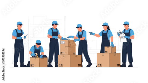 Moving Crew: A diligent team of movers meticulously handles cardboard boxes, symbolizing the seamless transition and efficiency of a moving process.