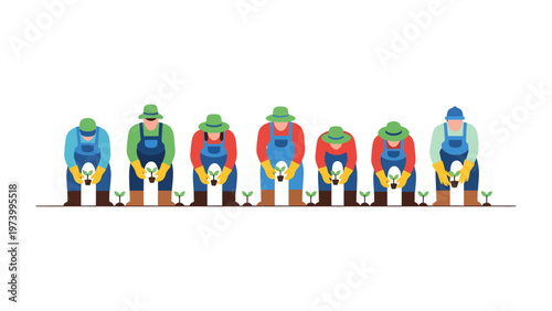 Harmony in the Field: A collective of farmers diligently cultivate their crops, embodying the essence of teamwork and dedication within a verdant setting.