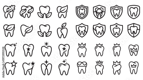 Dental health icons set representing tooth care and protection concepts.