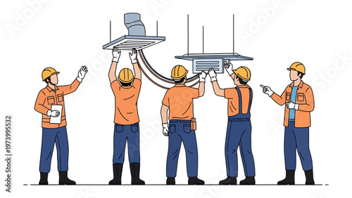 Technicians Assembling System: A team of skilled technicians diligently collaborates, meticulously assembling a complex system installation, ensuring precision and expertise.