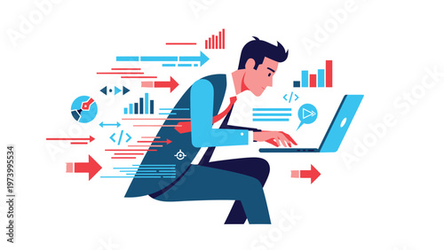 Business professional working on laptop with dynamic data flow and analytics. Digital transformation & productivity concept.