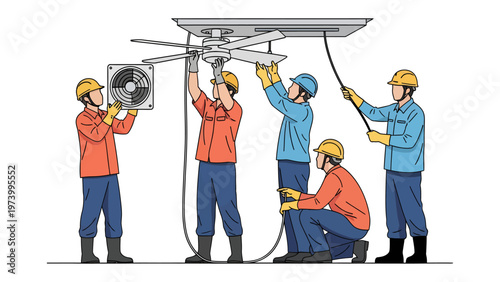 Workers Installing a System: A team of skilled technicians meticulously install a system. Each worker focused on their task, showcasing the precision and teamwork required for a seamless project.