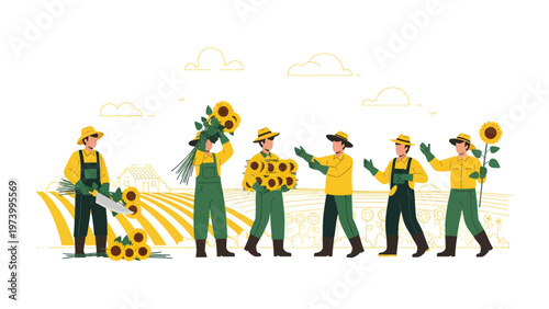 Harvesting Sunflower: A team of diligent workers is immersed in a sunflower field, collaboratively gathering the sun-kissed blooms. They wear practical attire.