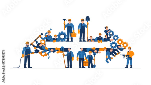 Arrow of Construction: A collaborative team of builders and engineers meticulously constructs an arrow composed of intricate gears and tools, symbolizing progress and teamwork. 